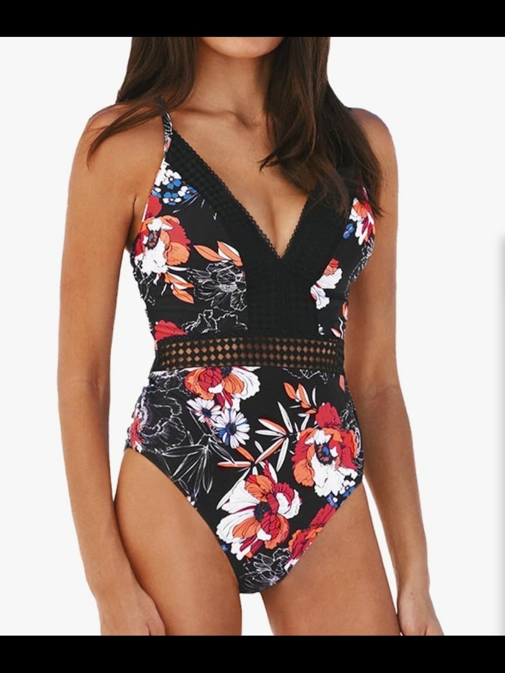 Cupshe Black Floral One-Piece Swimsuit with Lace Trim
